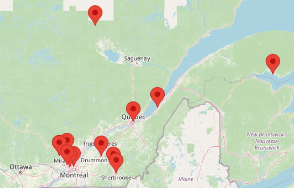 Carte du Québec et des points de services dans plusieurs régions du Québec